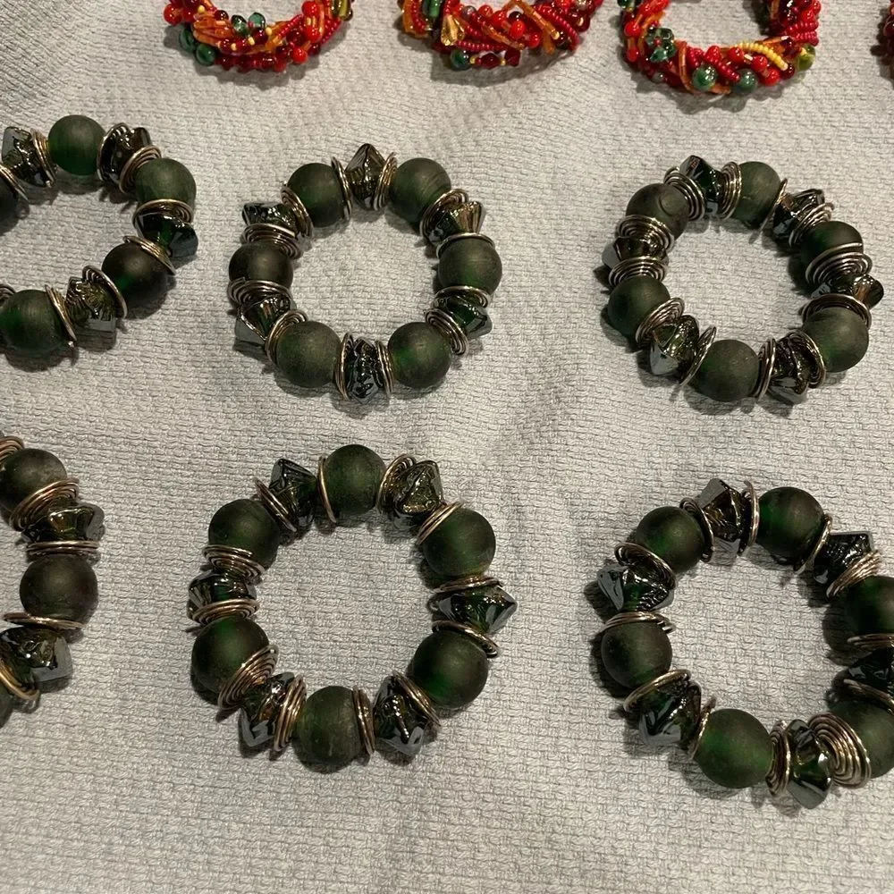 Green Glass Silver Wire Napkin Rings Red Orange Glass Beads Napkin Rings 16 TTL
